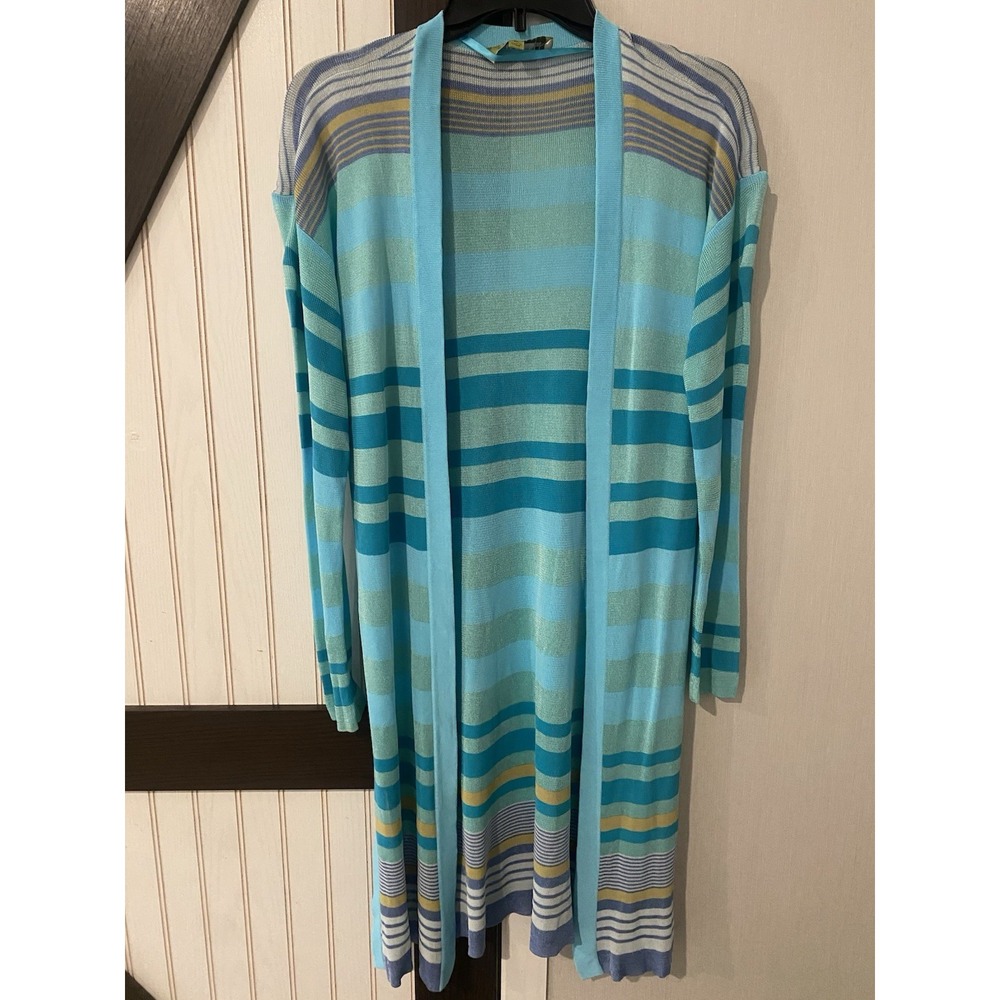 Sigrid Olsen Open Front Cardigan Women Medium Blue Stripe Longline Soft Viscose